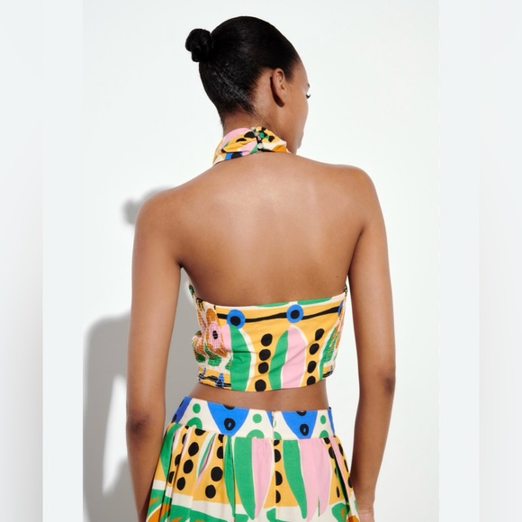 ZARA NWT Women's Printed Blue Yellow Summer Ruched Halter  Crop Top Size Small - Picture 7 of 8